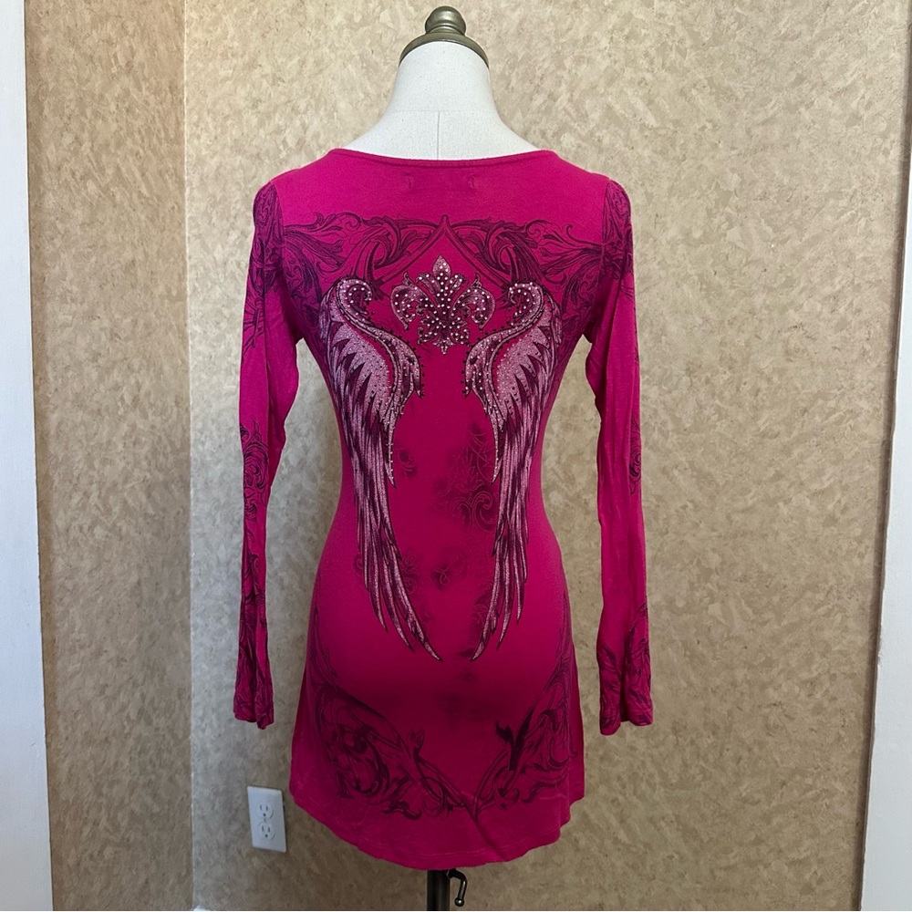 VTG Y2K 2000s Hot Pink & Black Rhinestone Studded Bling Grunge Wings Top
